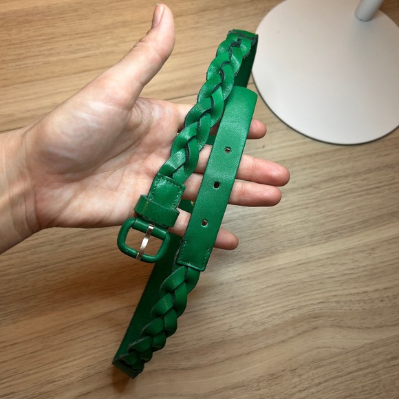 Accessories - Green Leather Belt Braided Size S Boho Vintage